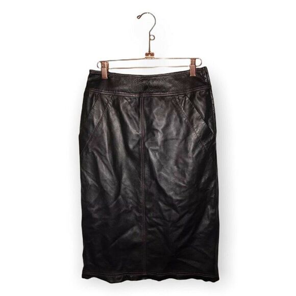 Leather Skirt Womens Red Stitching Slash Pockets Back Pockets Italy Size 8 Black - Picture 1 of 11